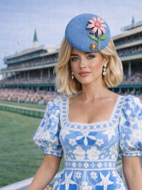 Kentucky Derby Church Easter Blue Sinamay Button Fascinator w floral Accents |